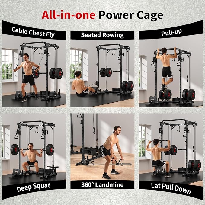 JEEKEE Power Cage with Cable Crossover System, 2000LB Multi-Function Power Rack with Independent Dual Pulleys, LAT Pulldown Seat Cushion, 20+ Attachments Squat Rack for Home Gym Workout,Black