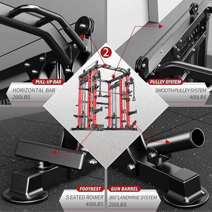 Smith Machine with Cable Crossover System, Multi-Function Power Cage Squat Rack for Home Gym, Power Rack and Packages Weight Sets.