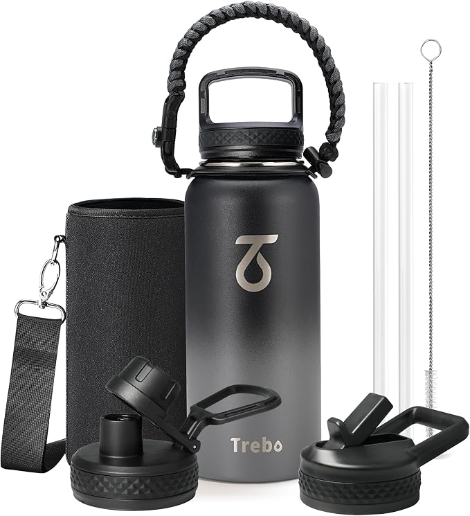 Trebo Insulated Water Bottle 32 oz with 3 Lids, Paracord Handle & Sleeve | Stainless Steel Metal Flask Vacuum, Triple Wall Copper Plated, Dishwasher Safe, Cold 48Hrs for Trail, Hiking, Wide Mouth