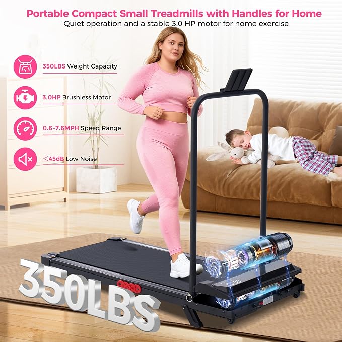 Portable Walking Pad Treadmill with Handle Bar and Incline for Home 0.6-7.6MPH Under Desk Treadmill for Home Small, 350LBS Small Treadmills with Handles, 3.0HP Treadmills for Exercising
