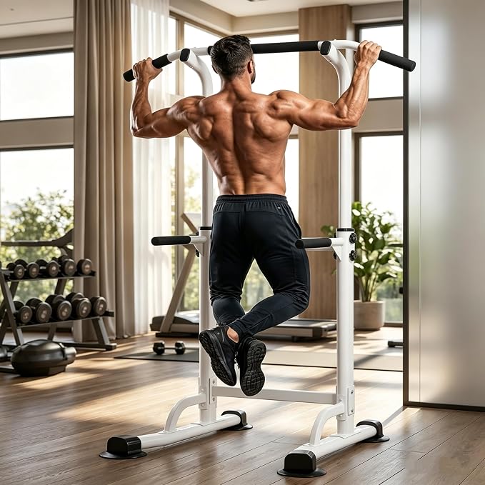 Adjustable Power Tower Pull Up Bar Dip Station, Free Standing Pull Up Rack Dip Station for Home Gym, 400LBS Capacity Height Heavy Duty Multi-Function Home Strength Training Fitness Workout Equipment