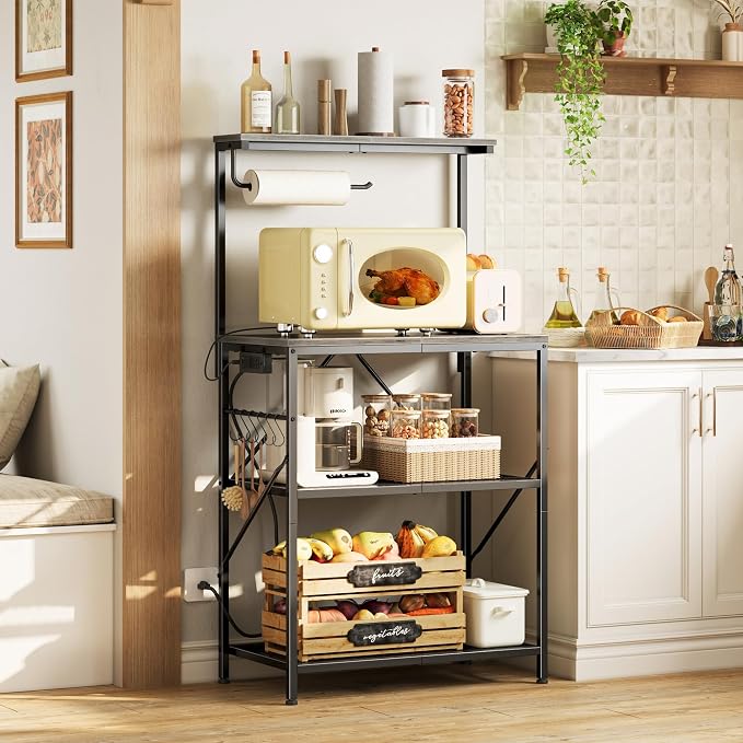 Huuger 4-Tier Bakers Rack with Reversible Power Outlet, 23.6 Inch Microwave Stand, Kitchen Coffee Bar, with Top Shelf, 6 S Hooks, Grey