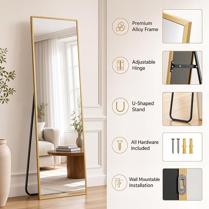 Antok Full Length Mirror, 56"x15" Floor Mirror with Stand, Hanging Mounted Mirrors for Bedroom, Living Room, Cloakroom, Dining Room, Gold, Rect