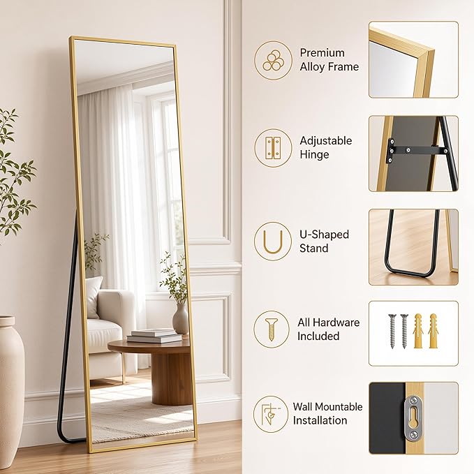 Antok Full Length Mirror, 58"x21" Floor Mirror with Stand, Hanging Mounted Mirrors for Bedroom, Living Room, Cloakroom, Dining Room, Gold, Rect