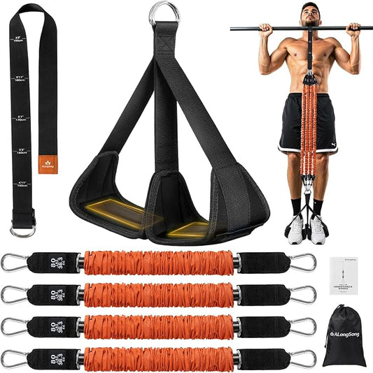 ALongSong Pull Up Assistance Bands with Foot Support Pedal - Upgraded Heavy Duty Resistance Bands Adjustable Weight/Height with 80Lbs Bands&Measured Strap for Strength Training Home Gym