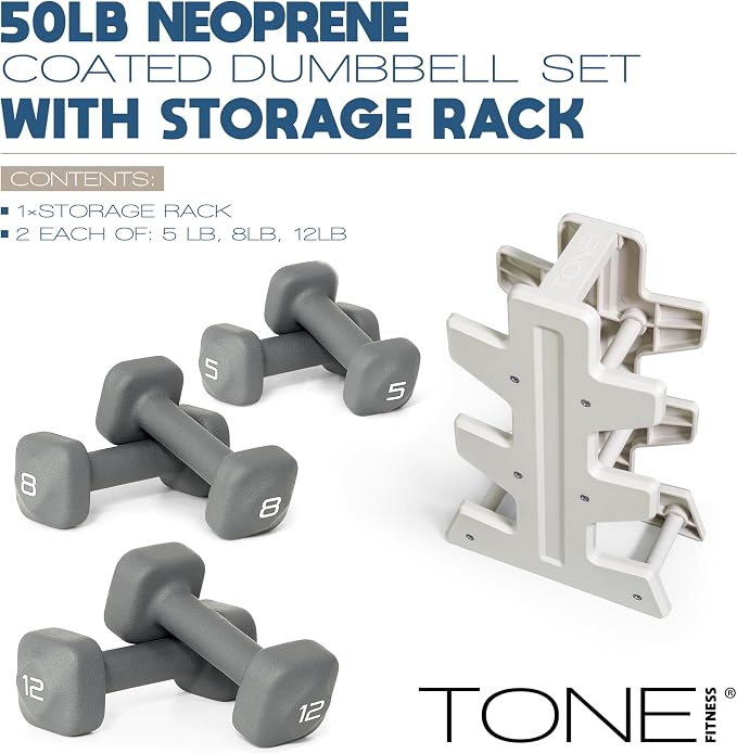 Tone Fitness Neoprene Dumbbell Set with Storage Rack – Non-Slip, Anti-Roll Hand Weights for Home Gym Workouts | 20 lb, 32 lb, 50 lb, 60 lb & 100 lb Options