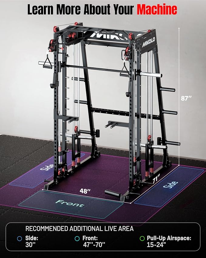 Mikolo M4 2.0 Smith Machine, 2200lbs Squat Rack with LAT-Pull Down System & Cable Crossover Machine, Training Equipment with Leg Hold-Down Attachment