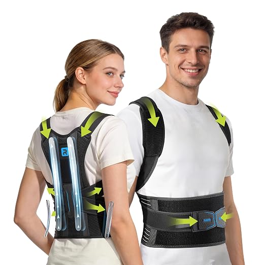Rakiie Posture Corrector for Women Men, 4 Back Support Brace Bars, Adjustable Shoulder Straightener with Cushioned Pads for Hunchback, Round Shoulders, Back Pain Relief, Blue XL