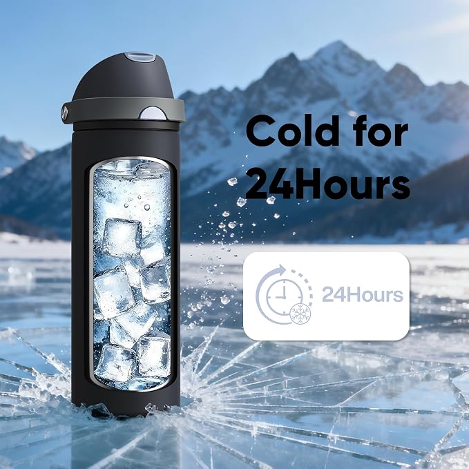 Insulated Water Bottle with Straw - Encool Stainless Steel Water Bottle with Push Button Lid, Leak-Proof & BPA-Free, Keeps Cold for 24 Hours for Sports, Travel, Gym (24 oz, Tuna Grey-Silver)