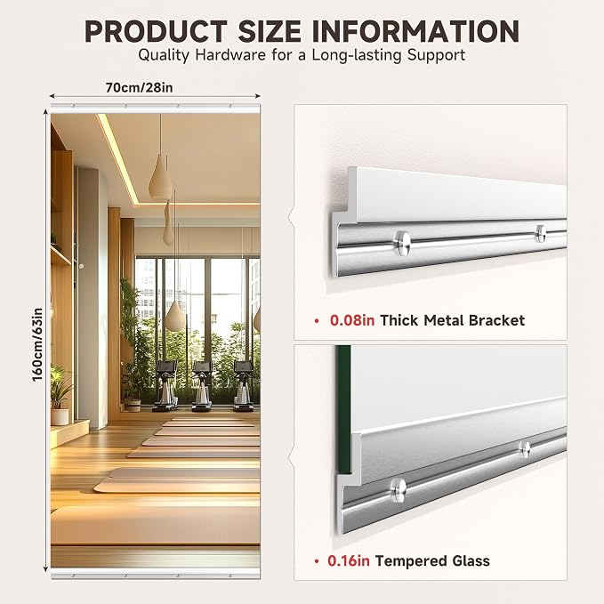 Home Gym Mirror, 63" x 28", 1PCS Large Full Body Mirror for Yoga, Silver HD Frameless Tempered Glass, Wall-Mounted Wall Mirrors for Home Gym, Workout, Dance Studio Anti-Distortion Technology