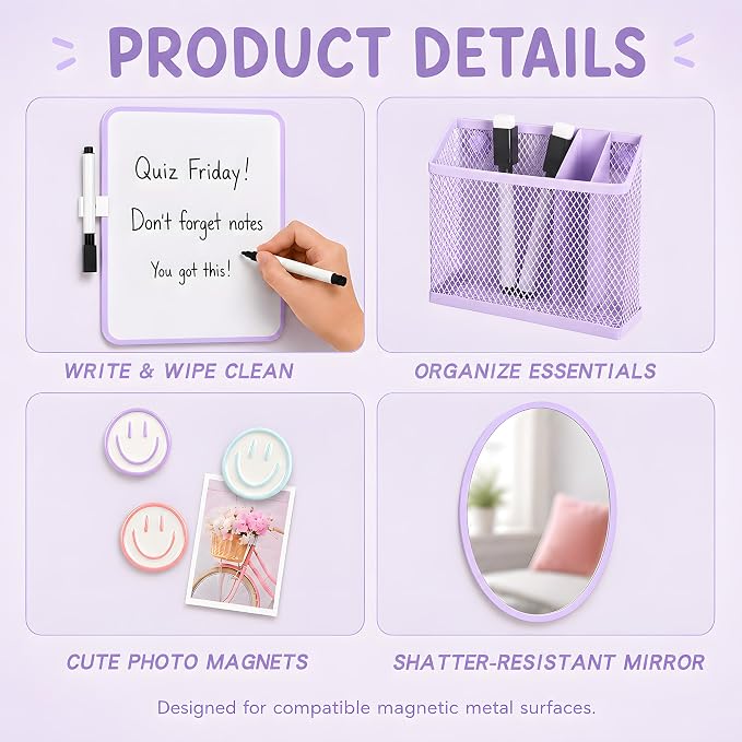 8 PCS Purple Locker Accessories for Girls Cute Locker Decorations Kit with Magnetic Mirror Whiteboard Pen Holder Magnets Locker Organizer Set for School Back to School Essentials