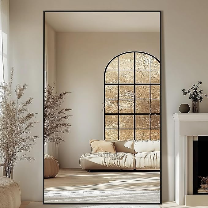 MirrMuse Large Mirror Full Length 72"X44",Oversized Floor Mirror with Stand | Black Aluminum Alloy Frame, Free Standing, for Gym Bedroom Living Room, Hanging or Leaning, Shatterproof Tempered Glass