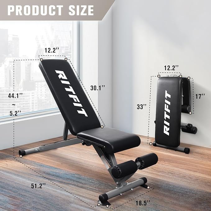 RitFit Adjustable/Foldable Utility Weight Bench for Home Gym | Incline Decline Flat, Multi-Position Backrest & Seat, Full Body Strength Training with Heavy Duty Steel Frame, Foldable