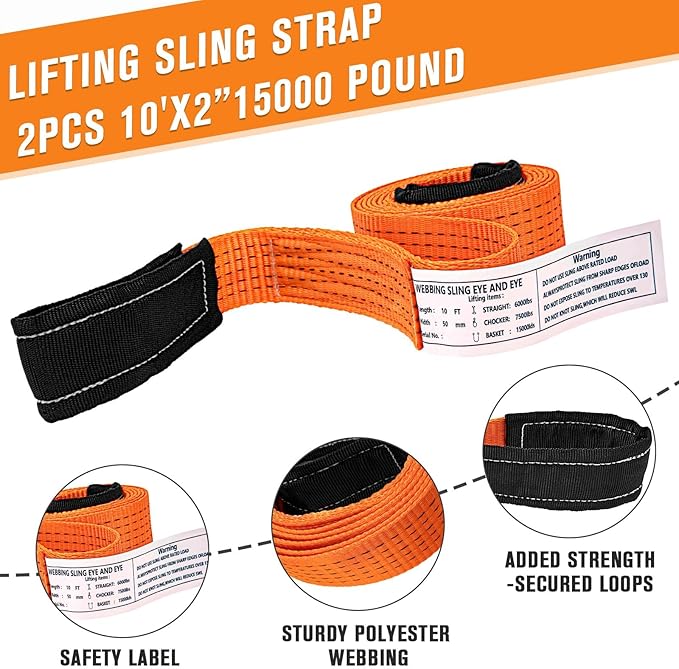 2 Pcs 2" x 10FT Heavy Duty Nylon Lifting Slings and Straps | 15000lb Capacity Flat Eye Rigging Strap for Hoist, Towing, Moving, Tree Saver Recovery and Winch