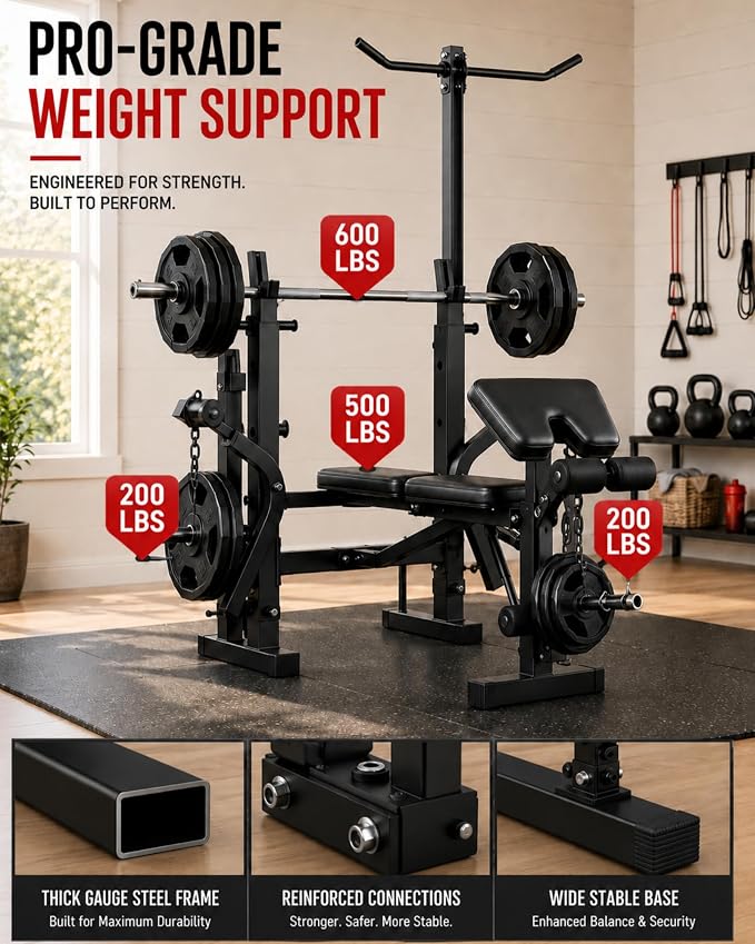 Garvee 8 in 1 Adjustable Weight Bench Set, Lat Pulldown & Leg Extension Foldable Bench Press Set with Preacher Curl Pad, Chest Fly, Leg Curl, Rack, Full Body Home Gym Strength Training Equipment