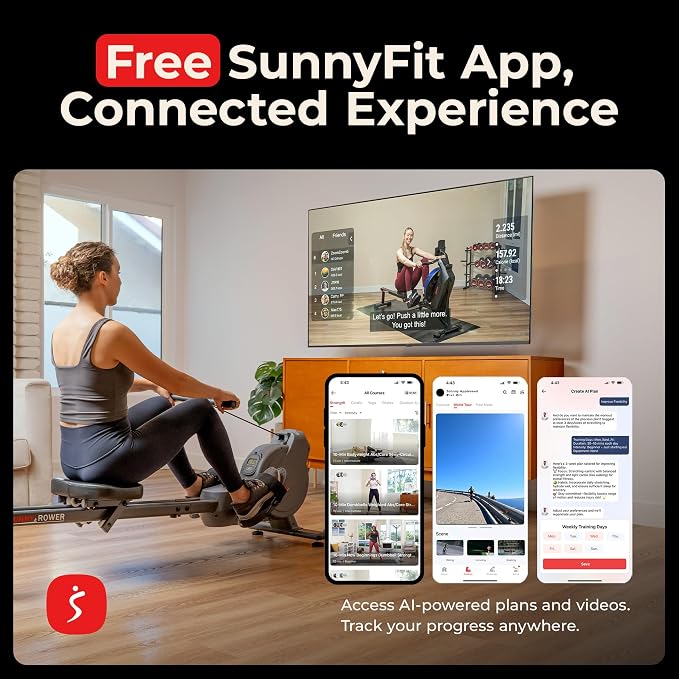 Sunny Health & Fitness Smart Magnetic Rower, Compact Quiet & Smooth Rowing Machine for Full-Body Cardio Exercise, Free SunnyFit Training App Connection