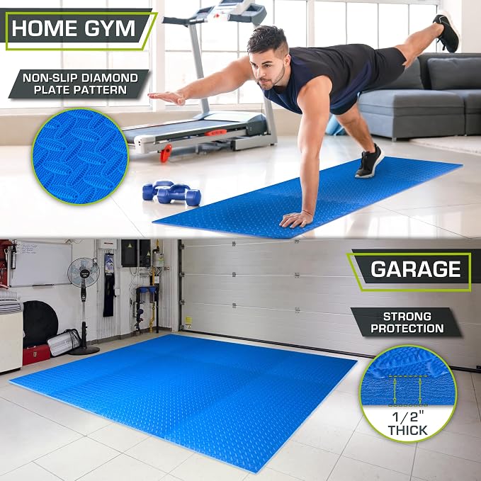 ProsourceFit Exercise Puzzle Mat 1/2-inch, EVA Interlocking Foam Floor Tiles for Home Gym, Workout Equipment, Kids Play Areas, Blue, 72 SQ FT - 18 Tiles
