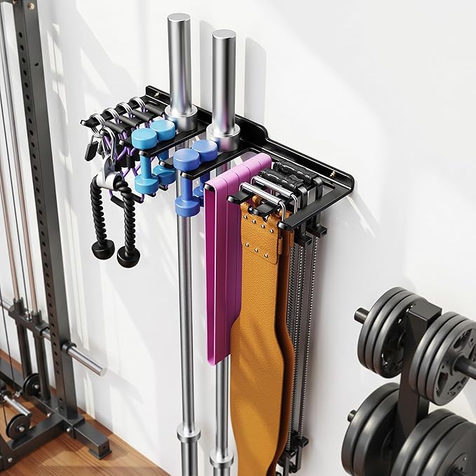 Wall-Mounted Home Gym Equipment Storage Rack for Resistance Bands, Barbell Bars, Cable Attachments, Lifting Belts, Jump Ropes, and Chains