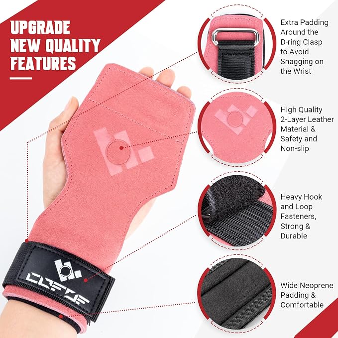 Weight Lifting Wrist Strap, Double-Layer Leather for Deadlift Powerlifting | Gym Strap with Adjustable Neoprene Padded Fit for 6.3–8 Inch Wrist, 8.07-Inch Leather Strap, Gym Workout Lifting Hook (Pair)