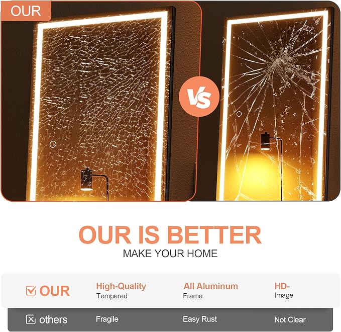 Full Length Mirror with Lights, 56" x 16" LED Lighted Floor Standing Body Mirror, Dimmable & 3 Color Lighting for Bedroom, Cloakroom, Dressing Room, Tempered Glass, Square Black