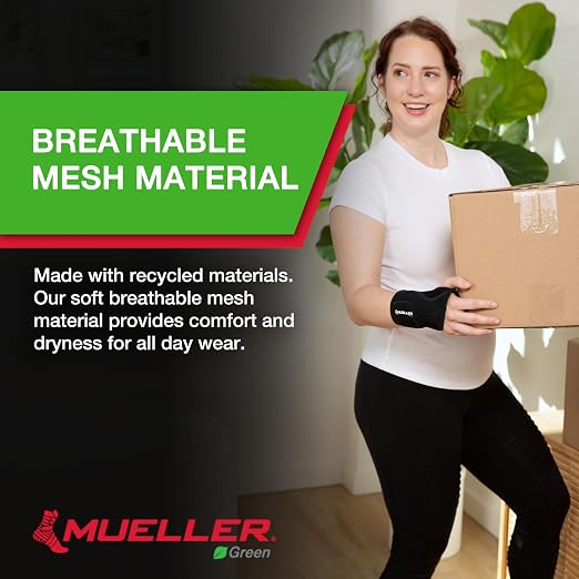MUELLER Sports Medicine Green Fitted Wrist Brace for Men and Women, Wrist Pain Relief Support, Ideal for Carpal Tunnel, Tendonitis, Arthritis, Right Hand, Black, Small/Medium