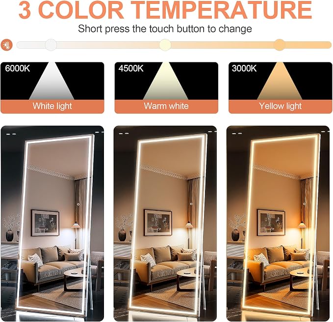 Full Length Mirror with Lights, 56" x 18" LED Lighted Floor Standing Body Mirror, Dimmable & 3 Color Lighting for Bedroom, Cloakroom, Dressing Room, Tempered Glass, Square White