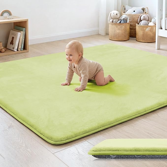 1.3" Thick Baby Floor Play Mat 50x50, Basic Padded Foam Mat for Tummy Time Crawling, Non Slip Cushioned for Babies Toddlers Infants Kids (Light Green)