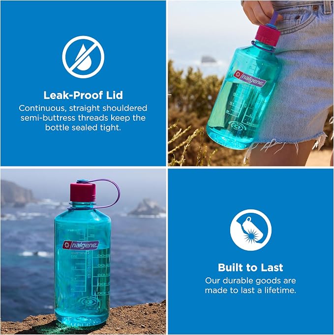 Nalgene 32 oz Narrow Mouth Water Bottle, Surfer | BPA-Free, Durable & Lightweight, Leak Proof, Dishwasher Safe, Large Reusable Plastic Bottle for Hiking, Gym, Work & Travel