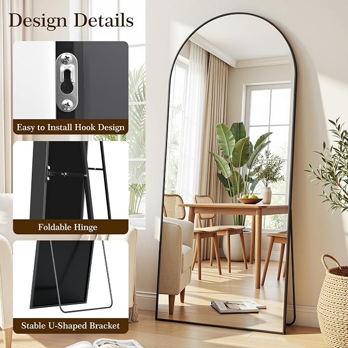 69"x28" Arched Full Length Mirror with Stand, Free Standing Leaning Wall Mounted Aluminum Alloy Frame Mirror for Bedroom Living Room Cloakroom, Black