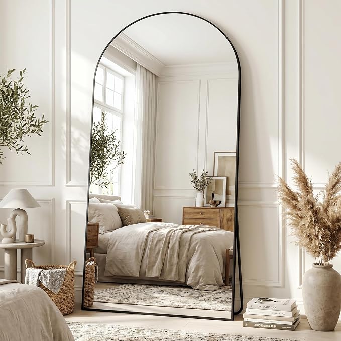 Full Length Mirror, 78"x38" Arched Floor Mirror Freestanding, Floor Standing Full Body Mirror with Stand for Bedroom, Hanging Mounted for Living Room Cloakroom, Black
