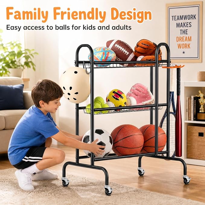 EXTCCT Basketball Rack, Rolling Basketball Shooting Training Stand,Sports Equipment Storage with Wheels, Four-Layer Organizer Holder with Two Basket for Basketballs Footballs Volleyball