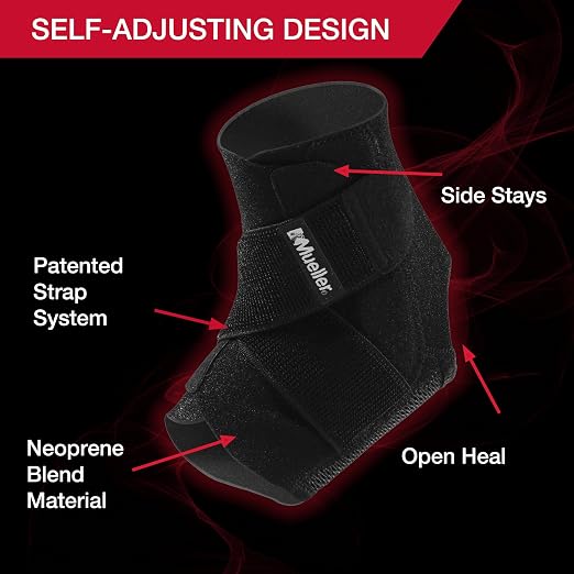 MUELLER Sports Medicine Adjustable Ankle Brace for Men and Women, Ankle Stabilizer for Compression and Pain Relief Support, Ideal for Sprains, Strains, Arthritis, Black, One Size