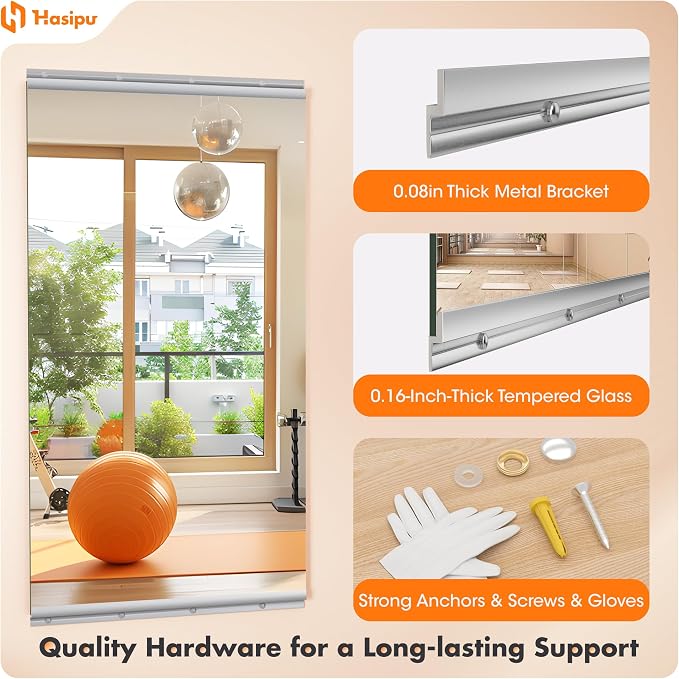 Hasipu Home Gym Mirror 55" L x 17" W - 3PCS Large Full Body Mirror for Yoga, Fitness, Garage, Dance Studio, Wall-Mounted, 0.16in Tempered Glass Frameless