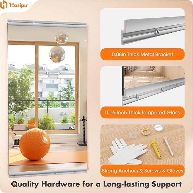 Hasipu Home Gym Mirror 44" L x 28" W - 2PCS Large Full Body Mirror for Yoga, Fitness, Garage, Dance Studio, Wall-Mounted, 0.16in Tempered Glass Frameless