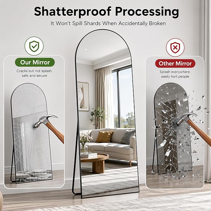Full Length Mirror, 76"x44" Arched Floor Mirror Freestanding, Floor Standing Full Body Mirror with Stand for Bedroom, Hanging Mounted for Living Room Cloakroom, Black