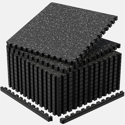 1'' Thick 96 Sq Ft Protective Gym Flooring for Home Gym, 24 Tiles Extra-Thick Rubber Top with High Density EVA Foam, Interlocking Exercise Equipment Mats, Heavy Weight Workout, Black & White