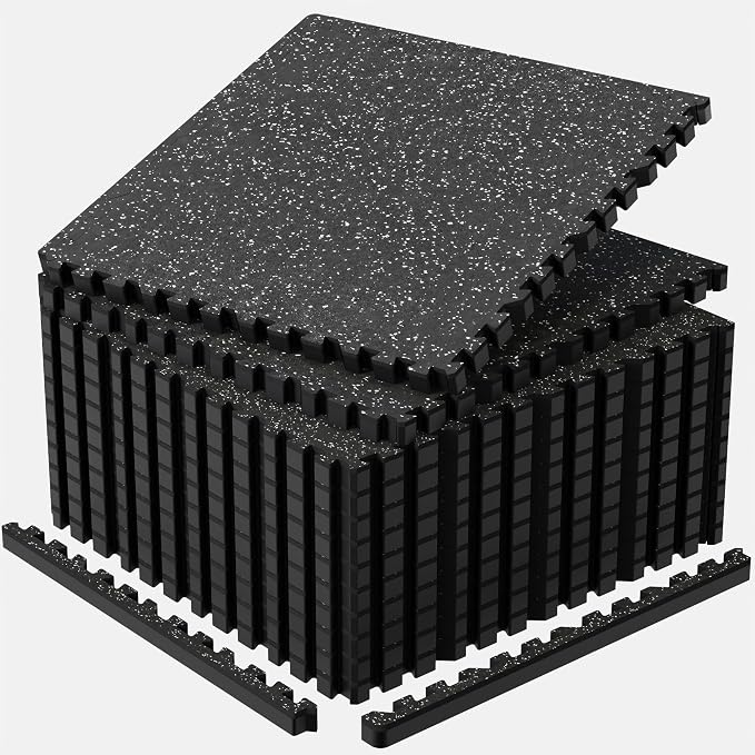 1'' Thick 48 Sq Ft Protective Gym Flooring for Home Gym, 12 Tiles Extra-Thick Rubber Top with High Density EVA Foam, Interlocking Exercise Equipment Mats, Heavy Weight Workout, Black & White