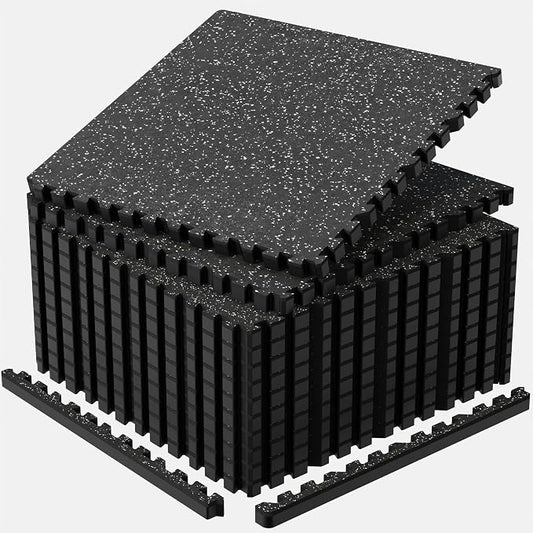 1'' Thick 48 Sq Ft Protective Gym Flooring for Home Gym, 12 Tiles Extra-Thick Rubber Top with High Density EVA Foam, Interlocking Exercise Equipment Mats, Heavy Weight Workout, Black & White