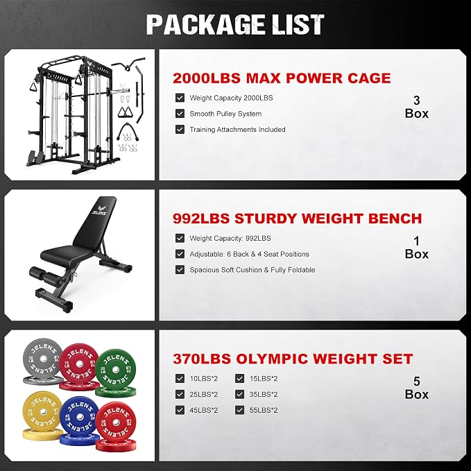 JELENS M21 Smith Machine, Multi-Function Power Cage with Dual Pulley Cable Crossover System, 2000LBS All-in-One Squat Rack with Smith Bar and Attachments for Home Gym