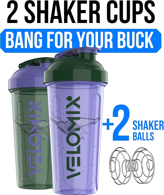 VELOMIX 2 Pack 28oz Protein Shaker Bottle for Protein Mixes, Green/Purple | 2x Wire Whisk, Leak Proof Shaker Cups for Protein Shakes, Stackable, Dishwasher safe, BPA free, Pre Workout and Fitness ready