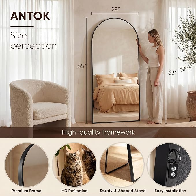Antok 68" x26” Arched Full Length Floor Mirror, Black Aluminum Frame, Free Standing/Wall Mount/Leaning for Bedroom, Living Room, Dressing Room
