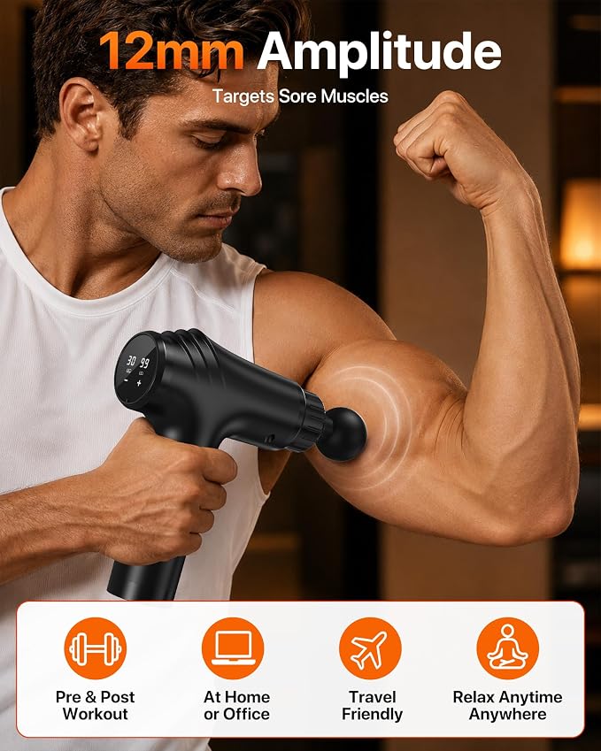Massage Gun, 30 Speeds, 6 Heads, Quiet Deep Tissue Muscle Massager | Mini handheld percussion massager for back, neck, shoulders and body; ideal for athletes, workouts and muscle recovery.