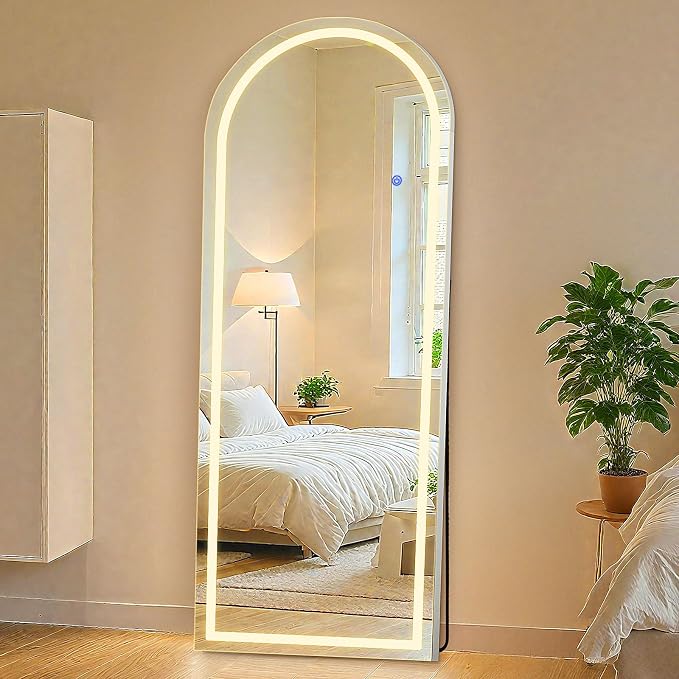 Sweetcrispy 63"x20" LED Mirror Full Length with Stand, Lighted Floor Mirror, w/Dimming & 3 Color Lighting, White