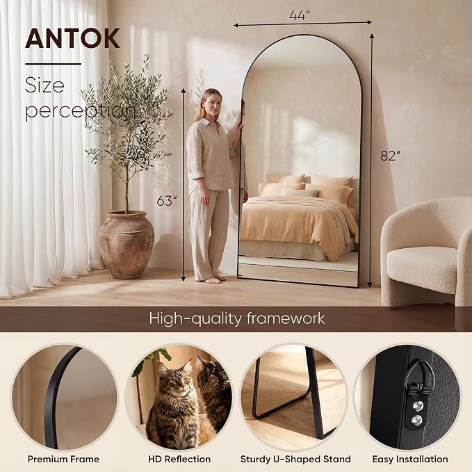Antok 82" x44” Arched Full Length Floor Mirror, Black Aluminum Frame, Free Standing/Wall Mount/Leaning for Bedroom, Living Room, Dressing Room