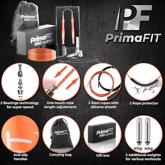 PrimaFIT Pro Speed Jump Rope for Adults, Weighted Skipping Rope for Boxing | Adjustable Jumping Rope for Fitness Workout & CrossFit Exercise, Double Unders, Handle Weights, 3m Cables 2 Protectors, Bag
