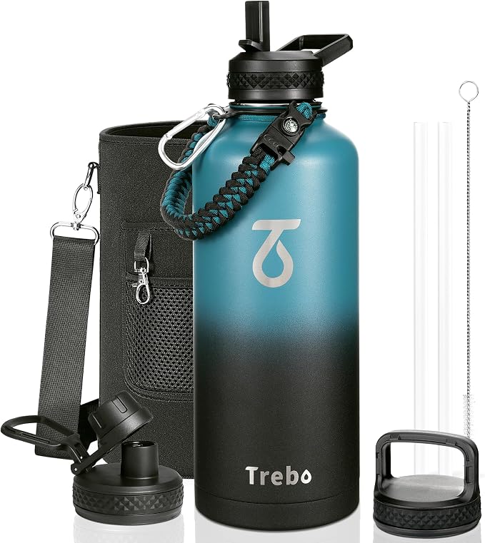 Trebo Water Bottle Insulation 87 oz, Vacuum Stainless Steel Water Jug (Keep Cold for 48 Hrs), LeakProof & Non-BPA, Water Flask with Paracord Handle & Straw Spout Lids, Indigo/Black | Large Stainless Steel Water Jug, Triple Wall Vacuum Copper Plated, Di...