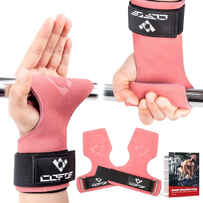 Weight Lifting Wrist Strap, Double-Layer Leather for Deadlift Powerlifting | Gym Strap with Adjustable Neoprene Padded Fit for 6.3–8 Inch Wrist, 8.07-Inch Leather Strap, Gym Workout Lifting Hook (Pair)