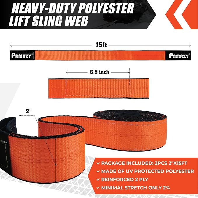 2 Pack 2”x15FT Supper Sturdy Lift Sling Straps, 18800 Pound Capacity Heavy Duty Eye-Eye Nylon Strap for Hoist, 2-Ply Polyester Rigging Straps, Tree Saver Recovery Straps Web Sling Winch