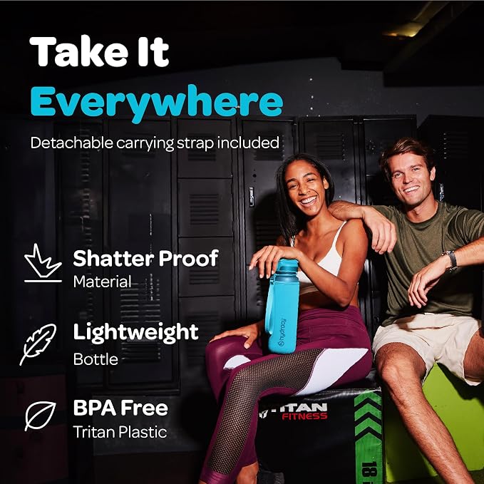 Hydracy Motivational Water Bottle with Time Marker and Straw Lid 32 oz | Leakproof,BPA Free,No Sweat Neoprene Sleeve,Carry Strap,Daily Intake Tracking for Fitness & Outdoors