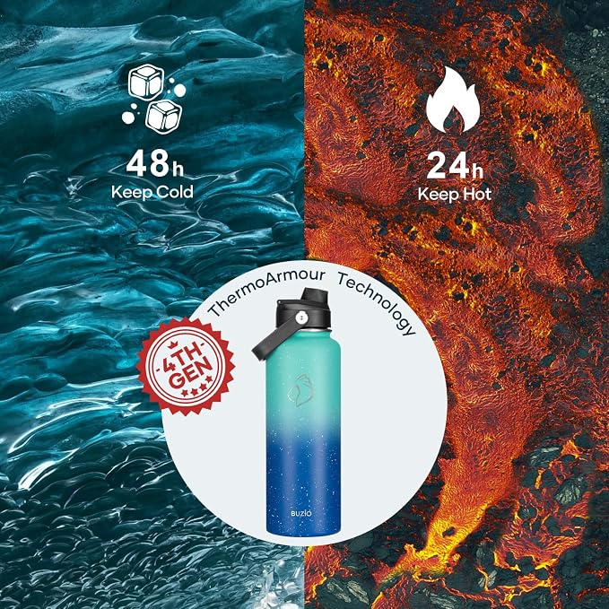 BUZIO Insulated Water Bottle with Straw, 40 oz Stainless Steel Sports Wide Mouth Water Bottle, BPA-Free Flex Cap and Straw Lid, Wide Mouth BPA-Free Sweat-Proof Sports Water Flask, Keep Hot Cold | 40 oz Insulated Stainless Steel Water Flask (Cold for 48...